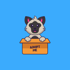 Cute cat in box with a poster Adopt me. Animal cartoon concept isolated. Can used for t-shirt, greeting card, invitation card or mascot. Flat Cartoon Style