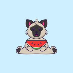 Cute cat eating watermelon. Animal cartoon concept isolated. Can used for t-shirt, greeting card, invitation card or mascot. Flat Cartoon Style