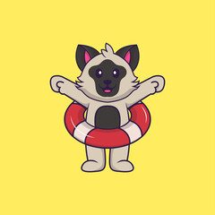 Cute cat using a float. Animal cartoon concept isolated. Can used for t-shirt, greeting card, invitation card or mascot. Flat Cartoon Style