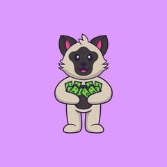 Cute cat holding money. Animal cartoon concept isolated. Can used for t-shirt, greeting card, invitation card or mascot. Flat Cartoon Style