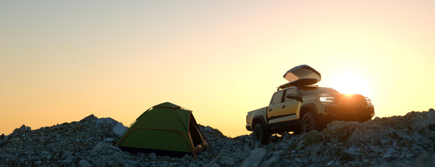 Remote off roading and camping in the mountains panoramic 3d render © Studio-FI