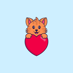 Cute cat holding a big red heart. Animal cartoon concept isolated. Can used for t-shirt, greeting card, invitation card or mascot. Flat Cartoon Style