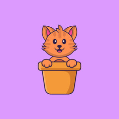 Cute cat in a flower vase. Animal cartoon concept isolated. Can used for t-shirt, greeting card, invitation card or mascot. Flat Cartoon Style