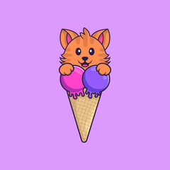 Cute cat with sweet ice cream. Animal cartoon concept isolated. Can used for t-shirt, greeting card, invitation card or mascot. Flat Cartoon Style
