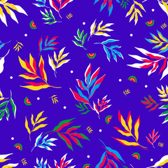 Fototapeta na wymiar Seamless pattern of colorful tropical leaves