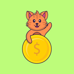 Cute cat holding coin. Animal cartoon concept isolated. Can used for t-shirt, greeting card, invitation card or mascot. Flat Cartoon Style