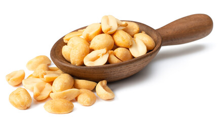 roasted peanuts in the wooden spoon, isolated on white background