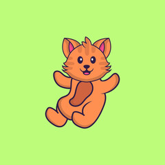 Cute cat is flying. Animal cartoon concept isolated. Can used for t-shirt, greeting card, invitation card or mascot. Flat Cartoon Style