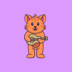 Cute cat playing guitar. Animal cartoon concept isolated. Can used for t-shirt, greeting card, invitation card or mascot. Flat Cartoon Style