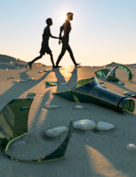 Family walking and playing on a beach next to litter and broken glass concept 3d render