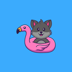 Cute cat With flamingo buoy. Animal cartoon concept isolated. Can used for t-shirt, greeting card, invitation card or mascot. Flat Cartoon Style