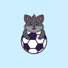 Cute cat playing soccer. Animal cartoon concept isolated. Can used for t-shirt, greeting card, invitation card or mascot. Flat Cartoon Style