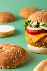 Crispy chicken burger with cheese on green background	