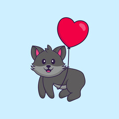 Cute cat flying with love shaped balloons. Animal cartoon concept isolated. Can used for t-shirt, greeting card, invitation card or mascot. Flat Cartoon Style