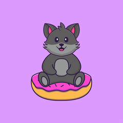 Cute cat is sitting on donuts. Animal cartoon concept isolated. Can used for t-shirt, greeting card, invitation card or mascot. Flat Cartoon Style