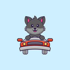 Cute cat is driving. Animal cartoon concept isolated. Can used for t-shirt, greeting card, invitation card or mascot. Flat Cartoon Style