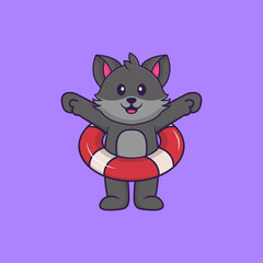 Cute cat using a float. Animal cartoon concept isolated. Can used for t-shirt, greeting card, invitation card or mascot. Flat Cartoon Style