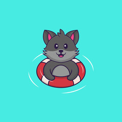 Cute cat is Swimming with a buoy. Animal cartoon concept isolated. Can used for t-shirt, greeting card, invitation card or mascot. Flat Cartoon Style