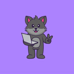 Cute cat holding laptop. Animal cartoon concept isolated. Can used for t-shirt, greeting card, invitation card or mascot. Flat Cartoon Style