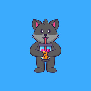 Cute cat Drinking Boba milk tea. Animal cartoon concept isolated. Can used for t-shirt, greeting card, invitation card or mascot. Flat Cartoon Style