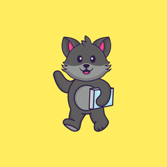 Cute cat holding a book. Animal cartoon concept isolated. Can used for t-shirt, greeting card, invitation card or mascot. Flat Cartoon Style
