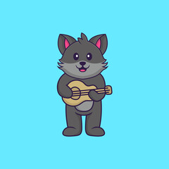 Cute cat playing guitar. Animal cartoon concept isolated. Can used for t-shirt, greeting card, invitation card or mascot. Flat Cartoon Style