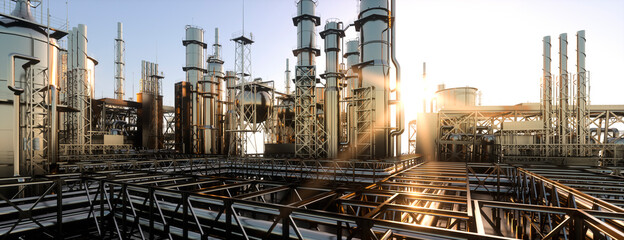 large oil refinery plant at sunrise on a clear day 3d render - obrazy, fototapety, plakaty