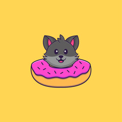 Cute cat with a donut on his neck. Animal cartoon concept isolated. Can used for t-shirt, greeting card, invitation card or mascot. Flat Cartoon Style