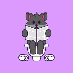 Cute cat Pooping On Toilet and read newspaper. Animal cartoon concept isolated. Can used for t-shirt, greeting card, invitation card or mascot. Flat Cartoon Style