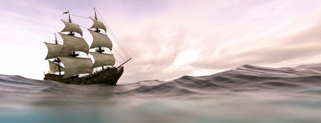 Large pirate ship panoramic at sunset on a clear day 3d render © Studio-FI