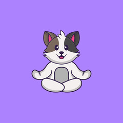 Cute cat is meditating or doing yoga. Animal cartoon concept isolated. Can used for t-shirt, greeting card, invitation card or mascot. Flat Cartoon Style