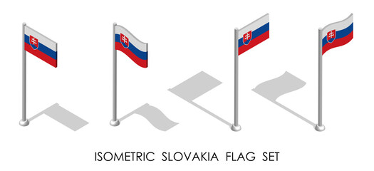 isometric flag of Slovakia in static position and in motion on flagpole. 3d vector