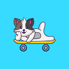 Cute cat lying on a skateboard. Animal cartoon concept isolated. Can used for t-shirt, greeting card, invitation card or mascot. Flat Cartoon Style