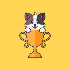 Cute cat with gold trophy. Animal cartoon concept isolated. Can used for t-shirt, greeting card, invitation card or mascot. Flat Cartoon Style