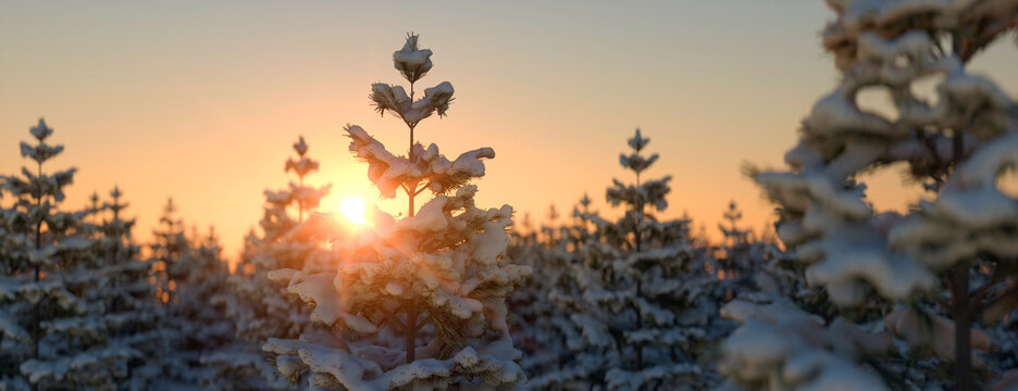Aerial view of pine trees covered in snow at sunset on a clear day 3d render
