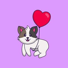 Cute cat flying with love shaped balloons. Animal cartoon concept isolated. Can used for t-shirt, greeting card, invitation card or mascot. Flat Cartoon Style