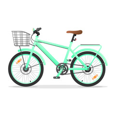Fototapeta premium Green retro bicycle, cycle isolated on white background with luggage rack and basket. Vector illustration for design, flyer, poster, banner, web, advertising.