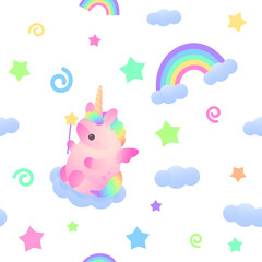 Seamless pattern with cute plump pink unicorn, rainbow and cloud with stars around. Holiday, birthday illustration for greeting card, banner, party.