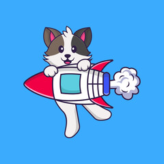 Cute cat flying on rocket. Animal cartoon concept isolated. Can used for t-shirt, greeting card, invitation card or mascot. Flat Cartoon Style