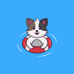 Cute cat is Swimming with a buoy. Animal cartoon concept isolated. Can used for t-shirt, greeting card, invitation card or mascot. Flat Cartoon Style
