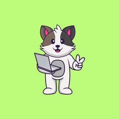 Cute cat holding laptop. Animal cartoon concept isolated. Can used for t-shirt, greeting card, invitation card or mascot. Flat Cartoon Style
