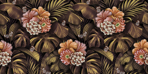 Nahtloses Muster der tropischen exotischen Weinlese. Blumensträuße aus goldenen Hibiskusblüten, Bananenblätter, Palmen. Handgezeichnete 3D-Illustration. Gut für Luxustapeten, Geschenkpapier, Wandteppiche, Stoff, Stoffdruck © alenarbuz