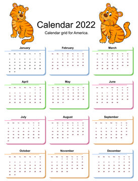 The calendar grid for the year 2022 for America. A vector image. The Year of the Tiger.