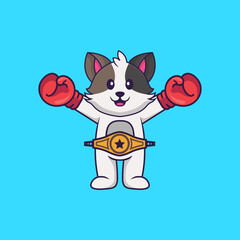 Cute cat in boxer costume with champion belt. Animal cartoon concept isolated. Can used for t-shirt, greeting card, invitation card or mascot. Flat Cartoon Style