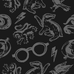 Abstract Cartoon animals and others object seamless vector pattern. Design for use background, textile, fabric, wrapping paper and others. Vector art illustration isolated on black.