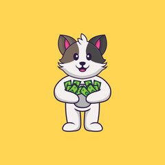Cute cat holding money. Animal cartoon concept isolated. Can used for t-shirt, greeting card, invitation card or mascot. Flat Cartoon Style