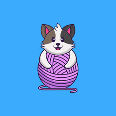 Cute cat playing with wool yarn. Animal cartoon concept isolated. Can used for t-shirt, greeting card, invitation card or mascot. Flat Cartoon Style