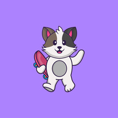 Cute cat holding a skateboard. Animal cartoon concept isolated. Can used for t-shirt, greeting card, invitation card or mascot. Flat Cartoon Style