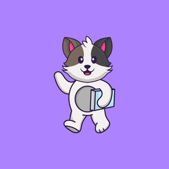 Cute cat holding a book. Animal cartoon concept isolated. Can used for t-shirt, greeting card, invitation card or mascot. Flat Cartoon Style