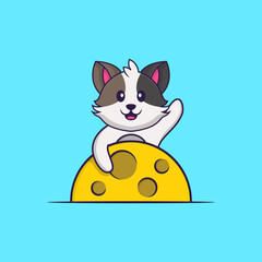 Cute cat is on the moon. Animal cartoon concept isolated. Can used for t-shirt, greeting card, invitation card or mascot. Flat Cartoon Style